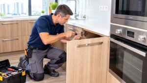 Professional handyman repairing a kitchen cabinet in Singapore